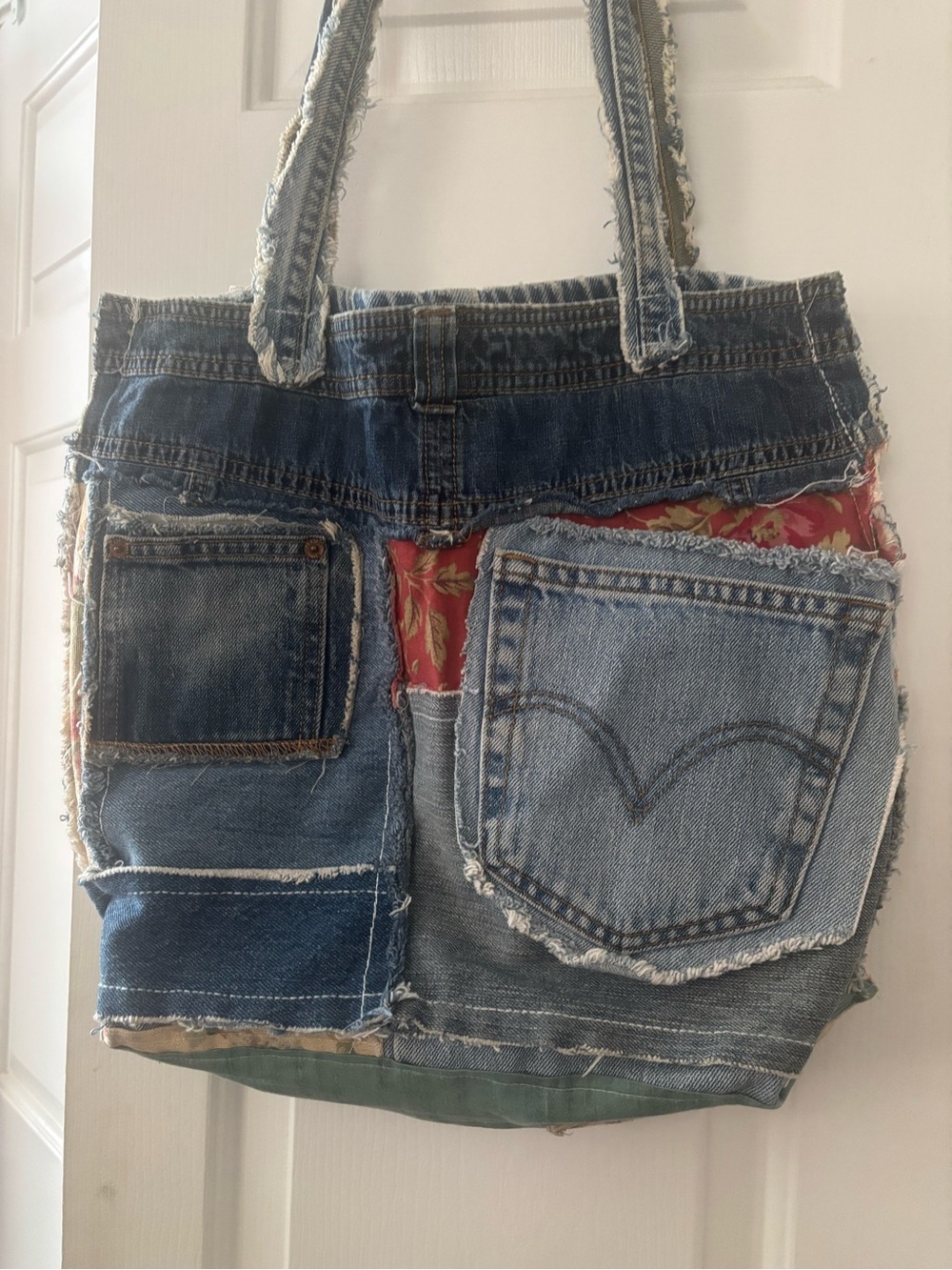 Upcycled Denim Patchwork Tote Bag - Blue with Red Floral Accent